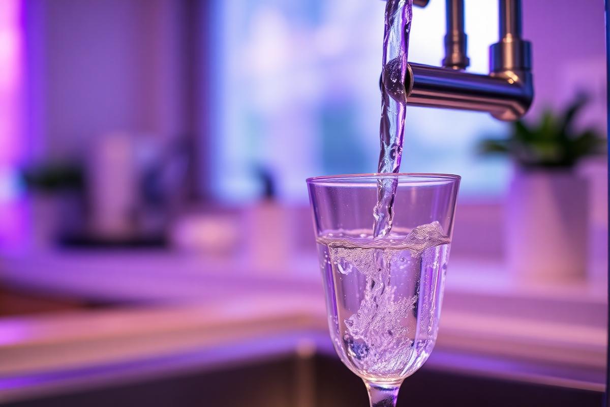 Zacht water stroomt uit een keukenkraan in een glas